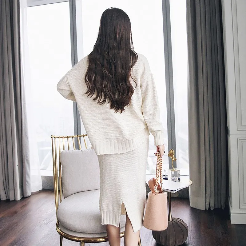 Пуловер свитер и юбка с высокой талией вязаный комплект из двух предметов