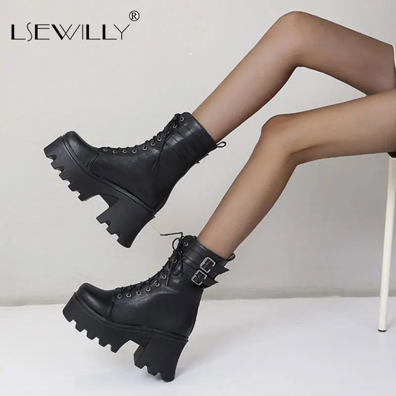 

Lsewilly Cosplay Rivet Buckle Women Martin Combat Platform Ankle Boots Chunky High Heels Lace Up Winter Shoes Plus Size 35-43