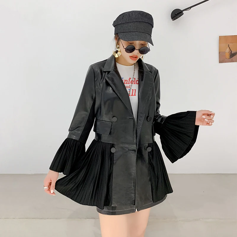 Женское кожаное платье с двойными пуговицами элегантное из натуральной овечьей