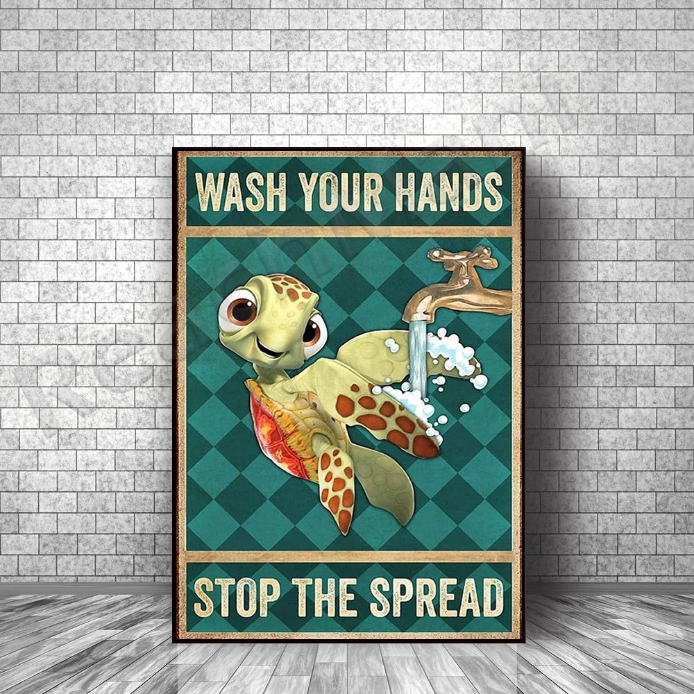 

The tortoise washes hands to stop spreading posters, decorating the bathroom toilet wall canvas home gift