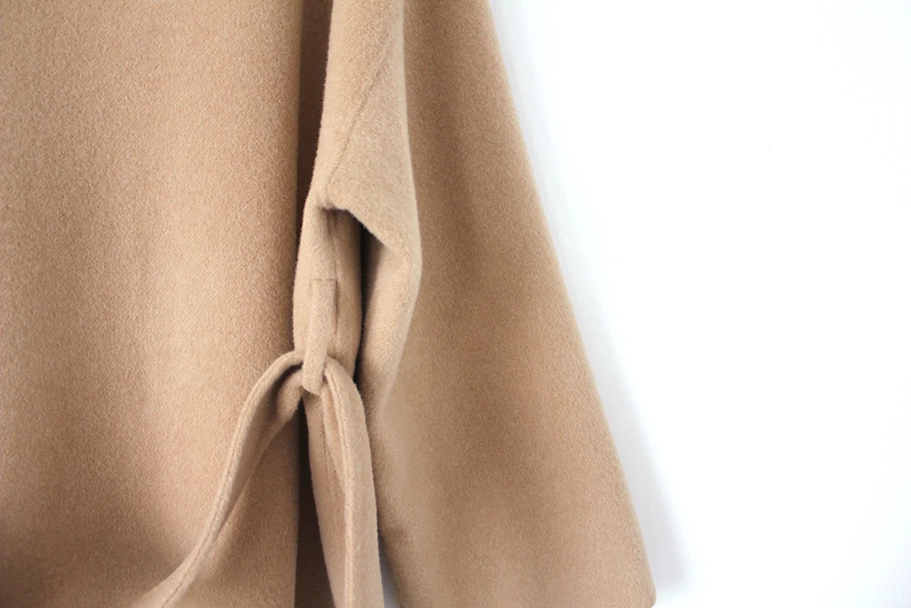 

Korean Solid Loose Double-sided Woolen Women Coat V-neck Long Sleeve Manteau Femme Elegant Office Lady Casaco Feminino Belt Coat