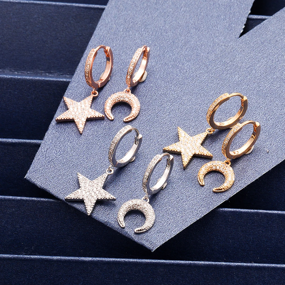

CZ Zirconia Moon Star Hoop Earrings for Women Silvery Plated Asymmetry Charming Earrings Bohemia Jewelry Accessory Gift 2021
