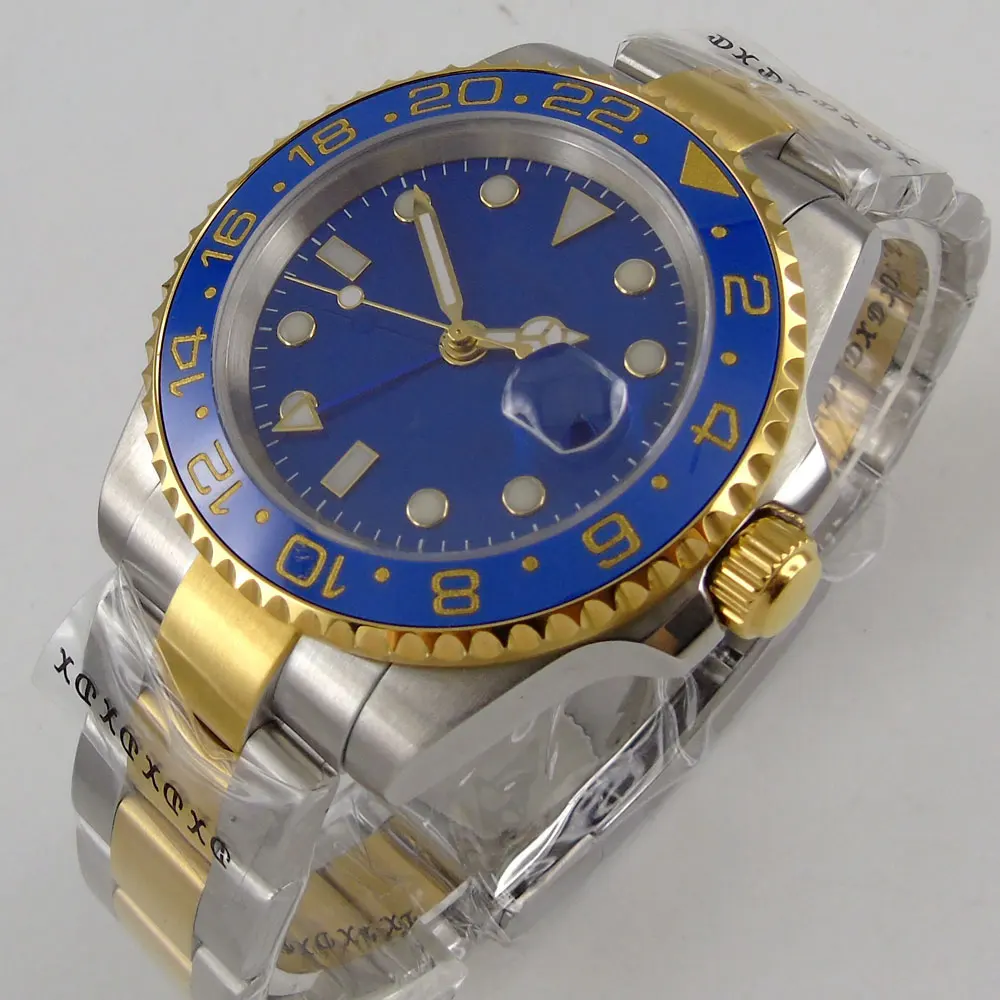 

Blue dial Luminous Hands Sapphire Crystal 40mm Golden Plated Bezel GMT Automatic movement Mechanical Mens Watch