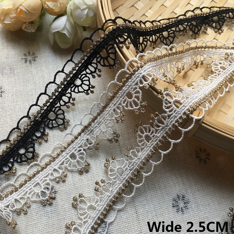

2.5CM Wide Exquisite White Black Water Soluble Lace Gold Embroidered Ribbon Collar Neckline Cuffs Edge Trim Apparel Sewing Decor