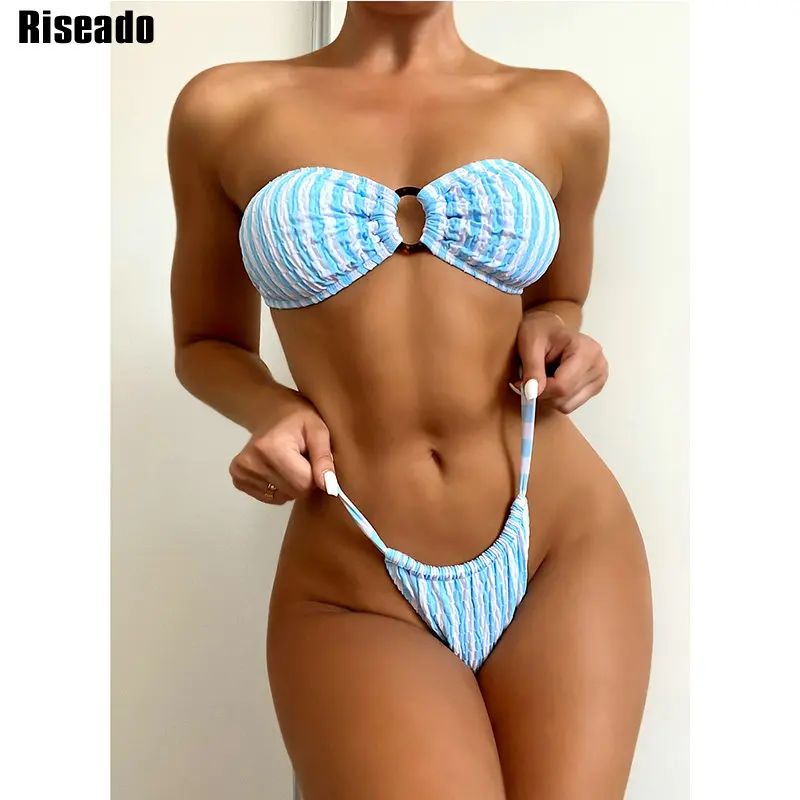 

Riseado комплект бикини бандо ребристый купальник в полоску женский купальник 2021 сексуальные стринги бикини женский купальник с кольцом пляжн...