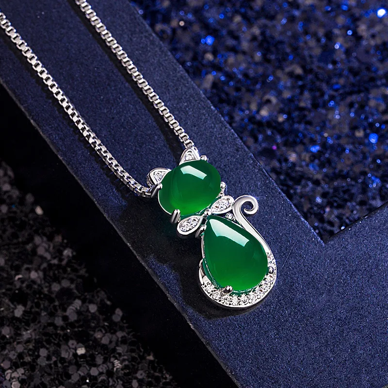 

Vintage Cat Green Jade Pendants Necklaces For Women 925 Sterling Silver Chain Choker Necklace Party Jewelry Gifts