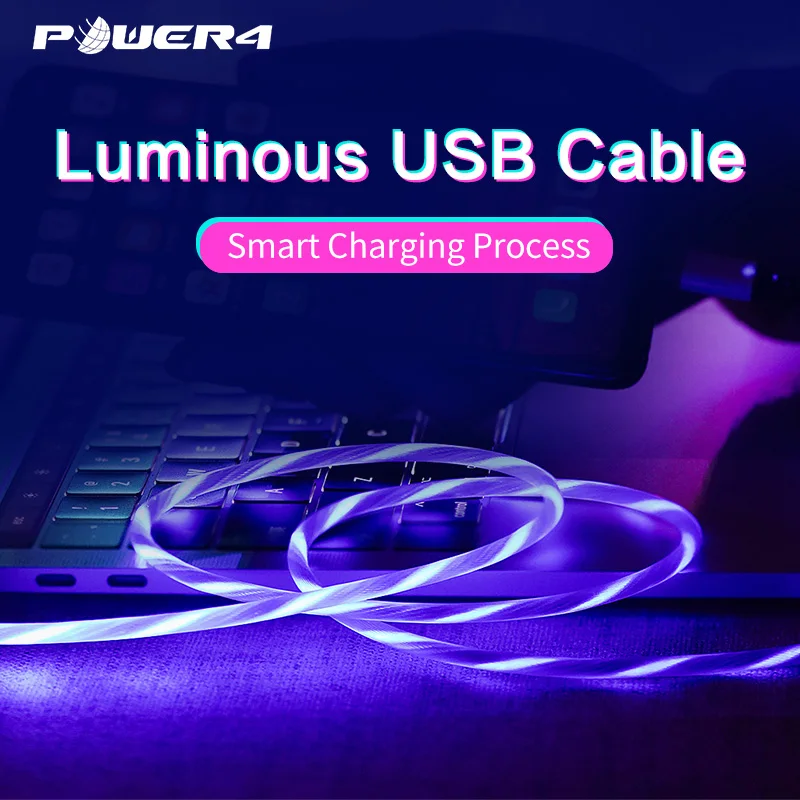 Power4 усиленный Micro кабель usbc для iPhone xs max светящийся светодиодный usb type C кабель для Lightning samsung зарядный кабель Micro