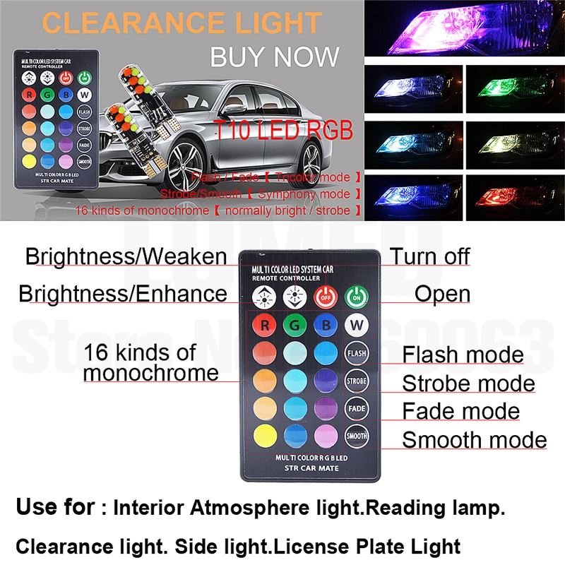 

10set Remote Control Car Interior RGB 12 LED Reading Light T10 W5W COB Auto Accessories Strobe Lights Atmosphere Lamp