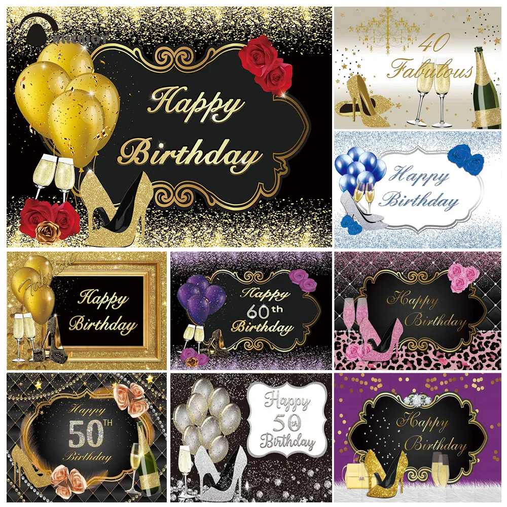 

Allenjoy Happy Fabulous Women's Birthday Backdrop 50 60th Party Gold Balloon Rose High Heels Photo Banners Custom Background