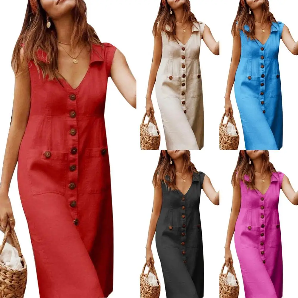 

50%HOT Plus Size Summer Solid Color Women Single Breasted V Neck Sleeveless Loose Dress