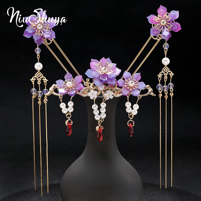 

NiuShuya Retro Chinese Hanfu Hairclips Accessories Purple Flower Pearl Wedding Bridal Headpiece Jewelries