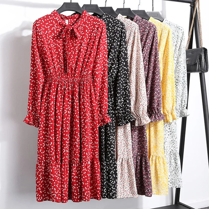

fashion Dresses for women Elastic waist bow Neck Floral print woman bodycon Boho Beach Dress long sleeve bottoming A-line skirt
