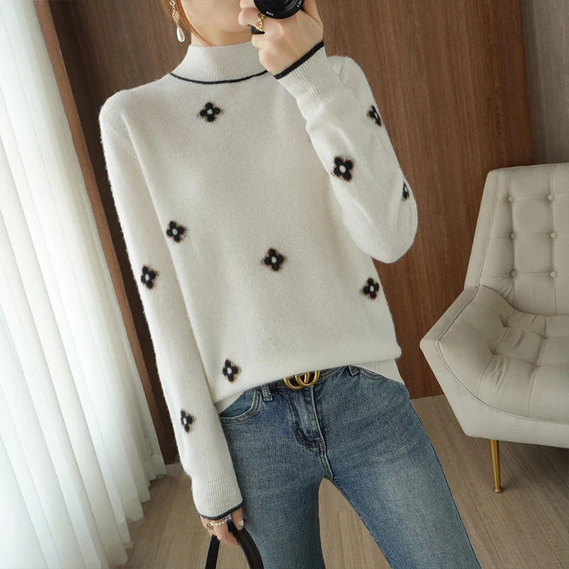 

2021 new ladies sweater 100% pure wool knitted turtleneck pullover long sleeve solid color ladies sweater bottoming shirt