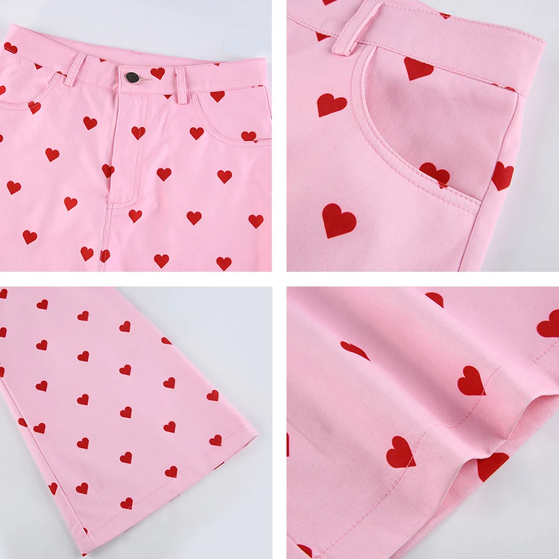 

Red Heart Print High Waist Sweet Female Long Flare Pink Y2k Pants For Women Bottoms Harajuku Aesthetic Slim Fitness Trousers
