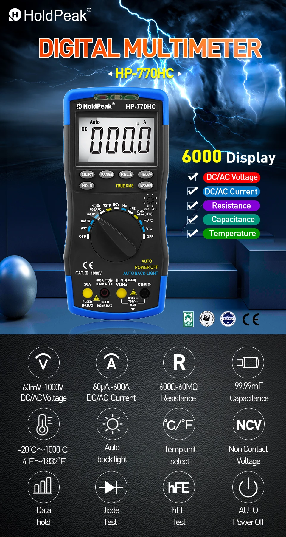 Multimetro HoldPeak HP-770HC True RMS цифровой мультиметр с функцией NCV и тестом температуры/частоты/рабочего цикла