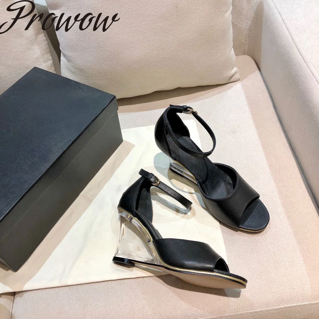 

Prowow New Luxury Brand Silver Beige Vacation Sandals Luxury Designer Clear Crystal Wedges Shoes Women