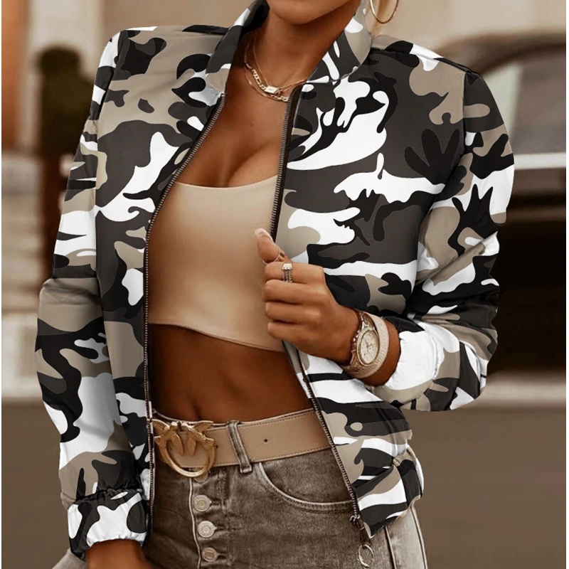 

Mandylandy Slim-Fit Bomber Jackets Autumn Long Sleeve Baseball Coats Outwear Women Short Casual Streetwear Pockets Jackets Coats