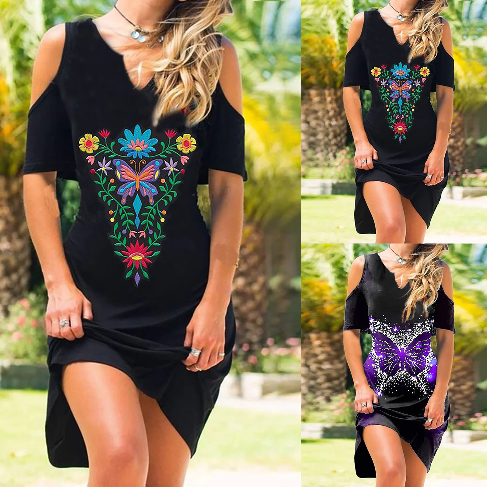 

платье летнее женское2021 Women's Casual O-Neck Loose Print Short Sleeve Mid-length Off-the-shoulder Dress summer dress
