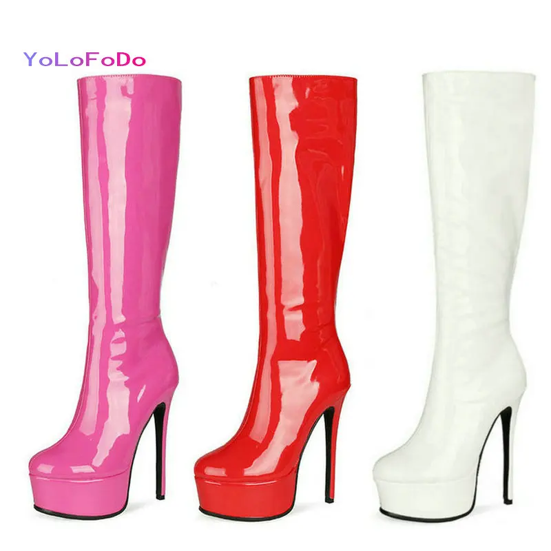

2021 Autumn Winter Women Knee High Boots Patent PU Leather High Quality Women's Boots Platform Thin High Heel Sexy Boots Big Siz