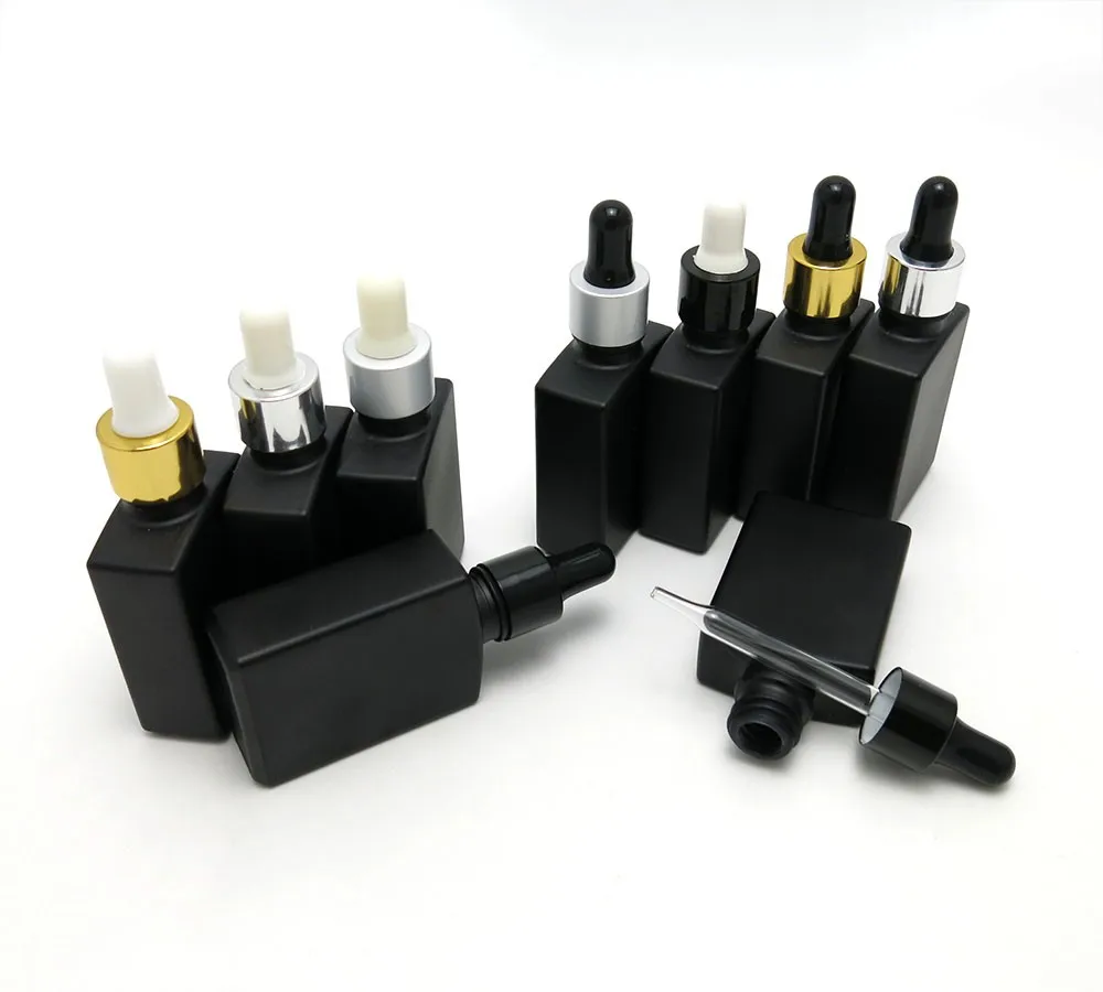 Квадратная матовая черная стеклянная бутылка с крышкой капельницей 30