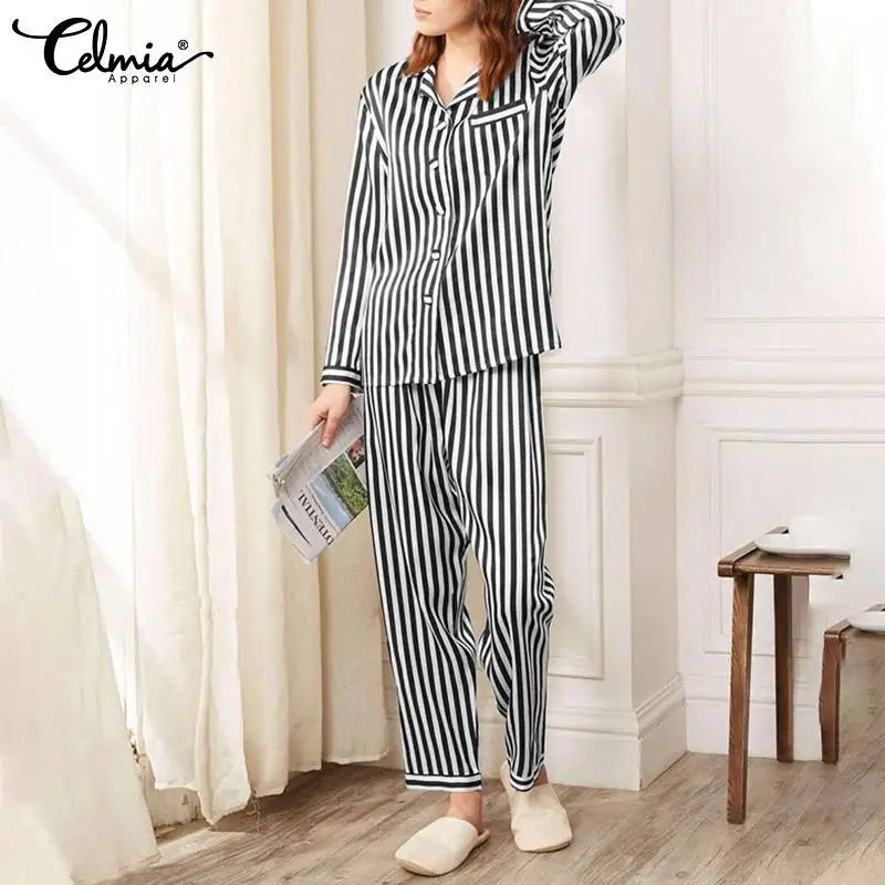 

Women Striped Pajamas 2pcs Sets Celmia 2022 Lapel Long Sleeve Shirt Elastic Waist Pant Spring Autumn Casual Loose Sleepwear Sets