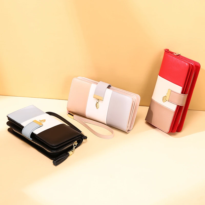 

Patchwork Women Clutch cow Leather Wallet Female Long Wallet Women Zipper Purse Strap Money Bag Purse For iPhone 11 Carteira