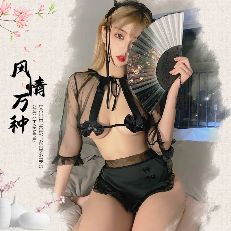 

Role-Playing Maid Sexy Lingerie Suit Perspective Chiffon Maid Dress Uniform Exotic Apparel Sexy Hollowed Out Cosplayer Clothing