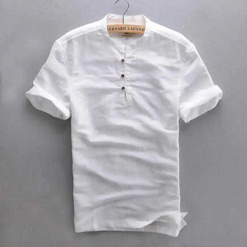 

Men's short sleeve Summer Linen Shirt white sky blue Mandarin Collar botton casual shirt breathable cotton linen shirt for men