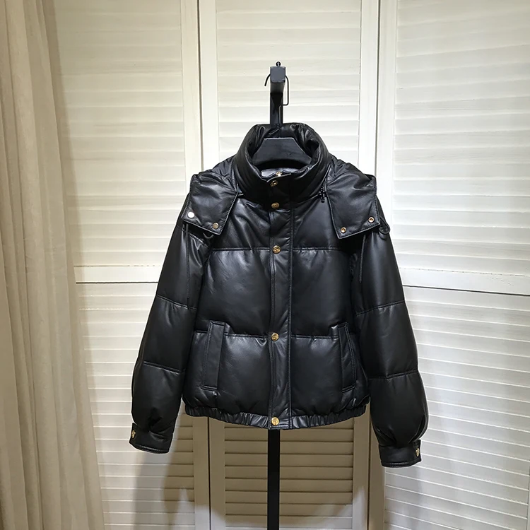 Winter Women's High Quality Sheepskin Genuine Leather Hooded Down Coat C810