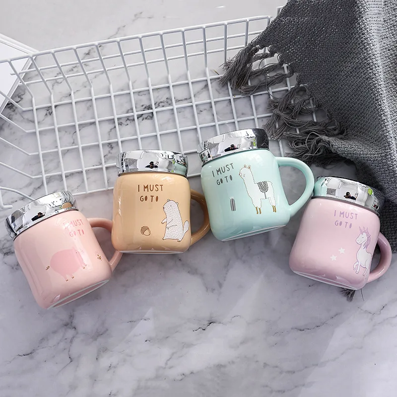 Pattern Mug with Lid Cute Cartoon Mugs Mirror Cover Ceramic Cup Single Layer Korean Creative Drinkware | Дом и сад