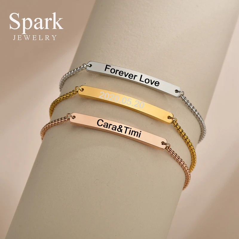 

Spark Custom Engraving Name Date ID Bracelet For Kids Adult Stainless Steel Adjustable Chain Bracelets For Family Birthday Gift