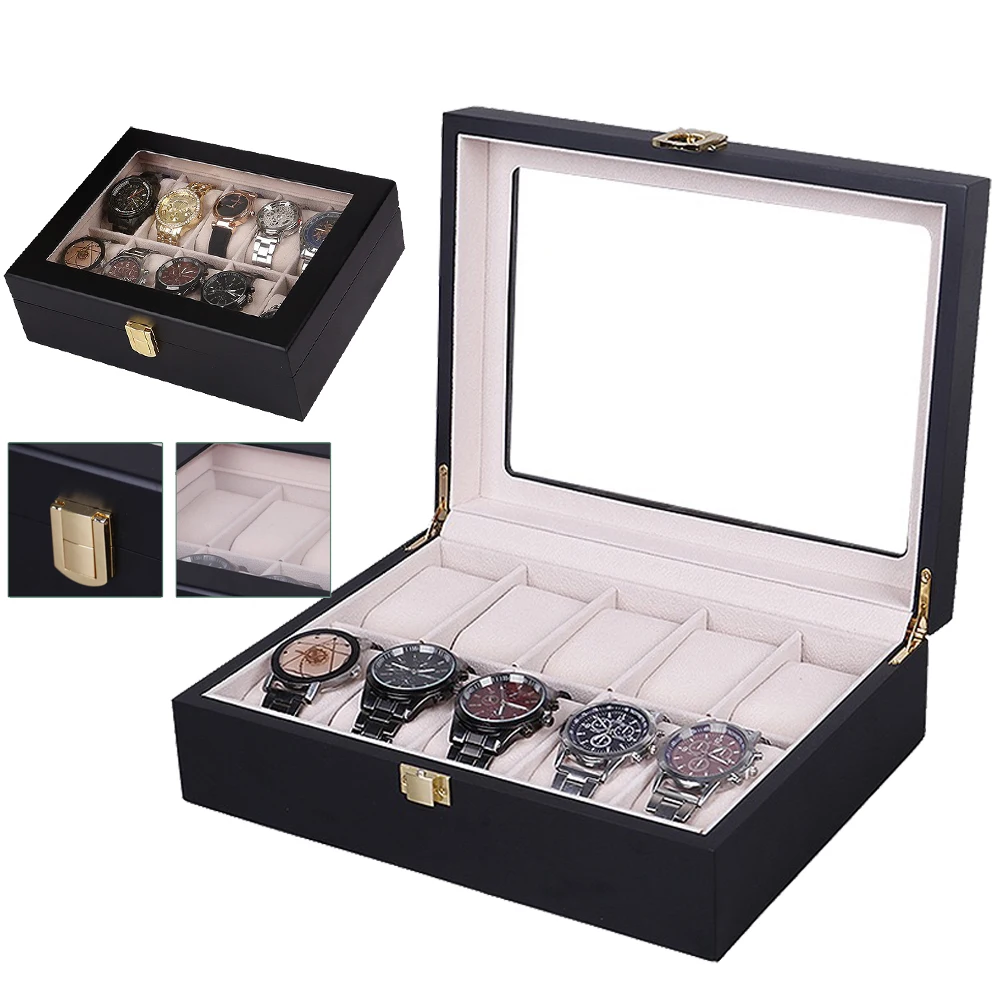 Фото Коробка для часов с 6/10/12 ячейками черный матовый органайзер для наручных часов с распылителем мужские часы женские ювелирные изделия витрина из дерева №2