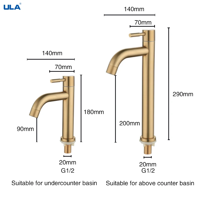 Смеситель для раковины ULA золотистый кран в ванную комнату холодной воды водопад