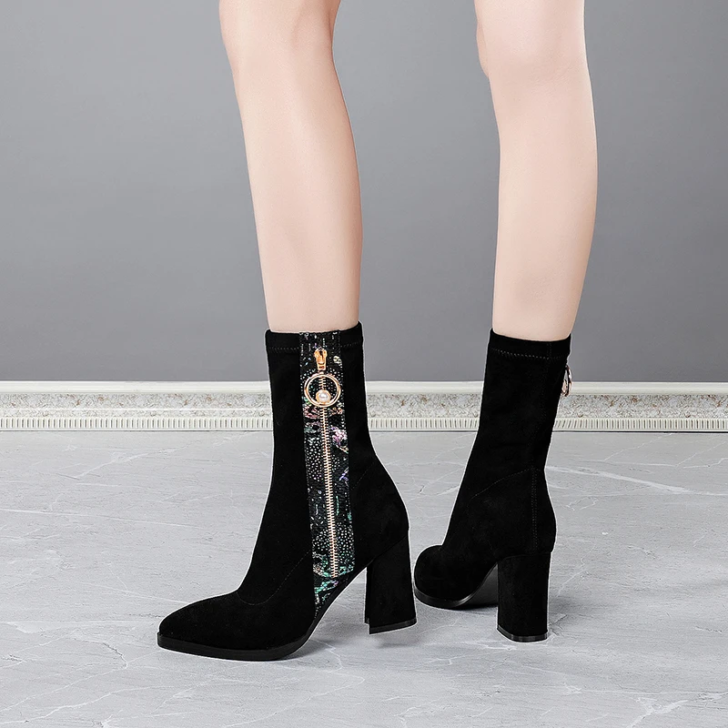 

Band Design zippers Decoration Ladies ankle Boots stretch fabric high Heels women Pumps Winter Party Working Shoes Woman