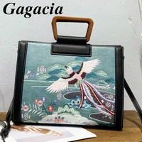 gagacia chinese style womens pu leather shoulder bag vintage embroidery top handle bags female crossbody bag for ladies handbag