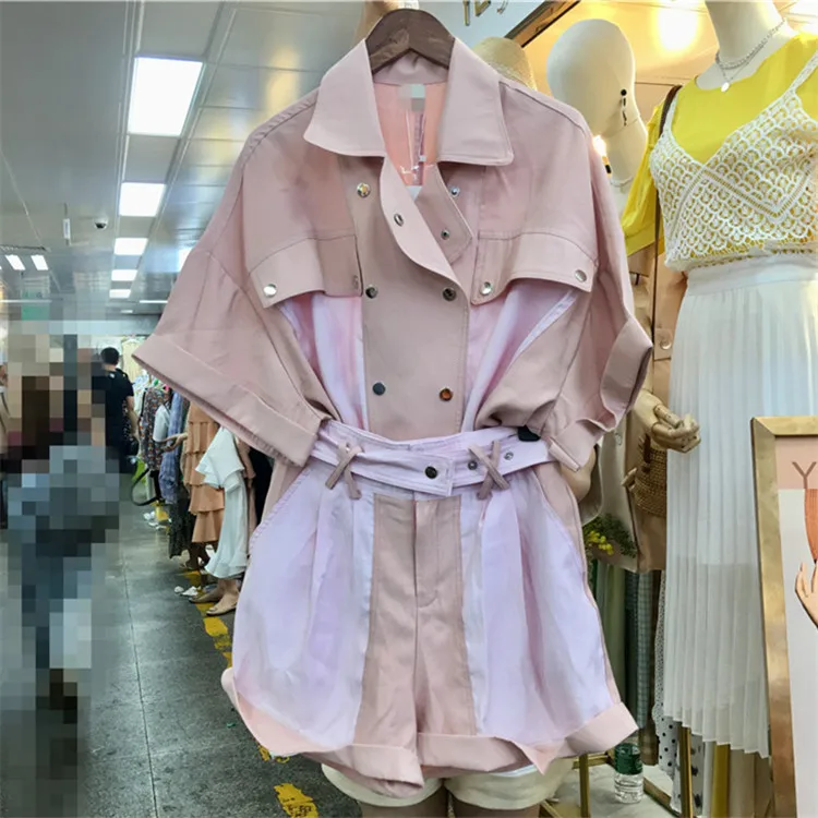 

2020 V-neck Fly Cotton Fashion Time-limited Women's 2 Piece Set Casual Loose Lapel Short Sleeve Shirt Wide Leg Shorts Two Woman
