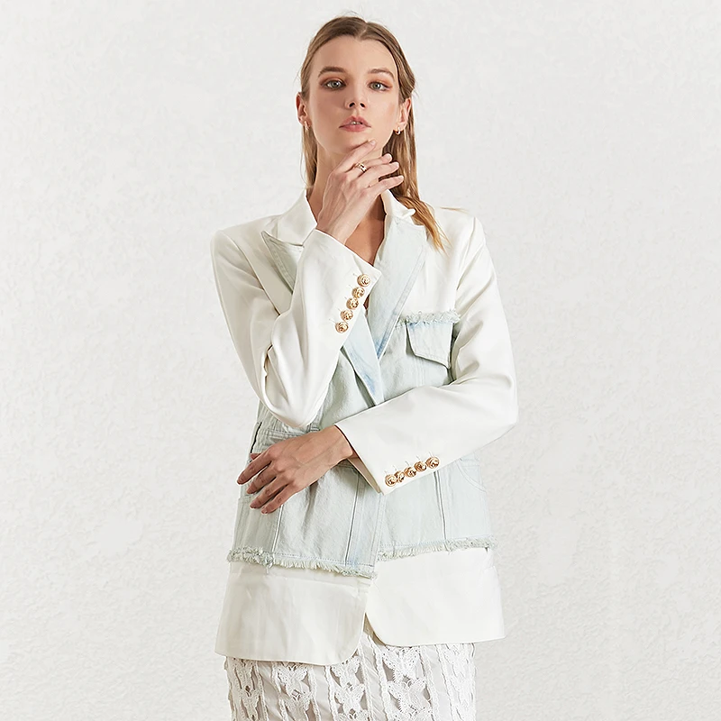TWOTWINSTYLE джинсовый лоскутный выдалбливающий Женский блейзер с зубчатым