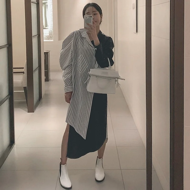 LANMREM 2022 Весенняя Новая модная полосатая рубашка с отворотом женская Свободная