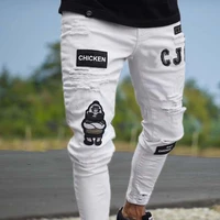 dimi man denim trousers new skinny men ripped jeans embroidery print slim fit stretch destroyed hole pencil pants casual hip hop