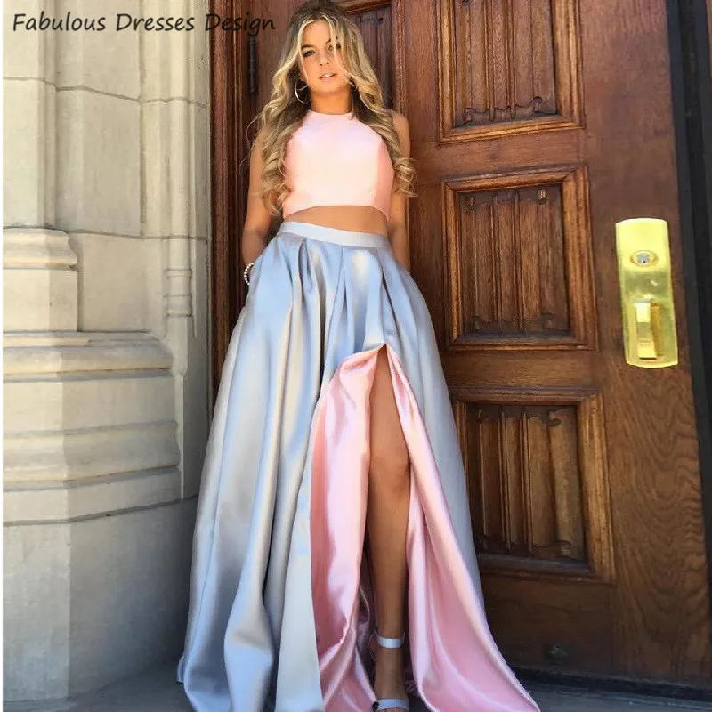 

Two Pieces Pink Long Prom Dresses 2020 Jewel Sleeveless A Line платье Pocket Gracefully Evening Dress Party For Women