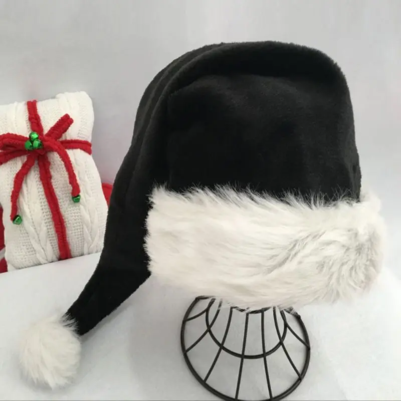 

75cm Adult Black Plush Long Christmas Hat Xmas Costume Pompom Santa Claus Cap
