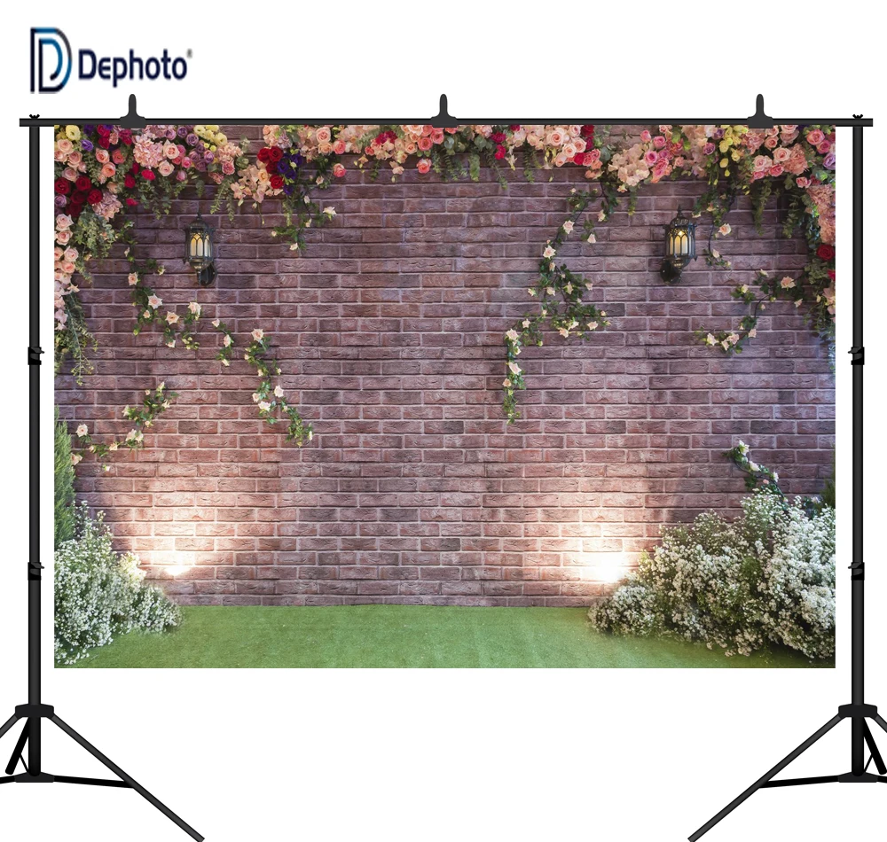 DePhoto Свадебная тема кирпичная стена с цветами бесшовная ткань Фото фон виниловым