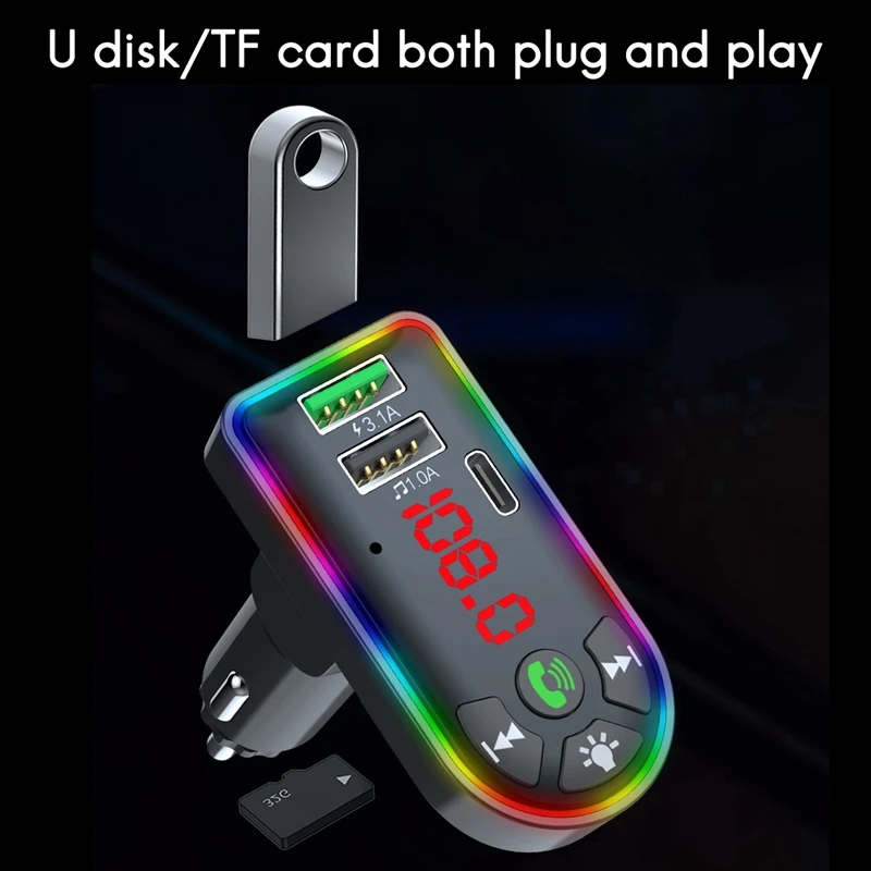 

DC5V 3.1A FM Transmitter Bluetooth 5.0 Car MP3 Player Wireless Handsfree for U Disk/TF Music Player with PD Charger