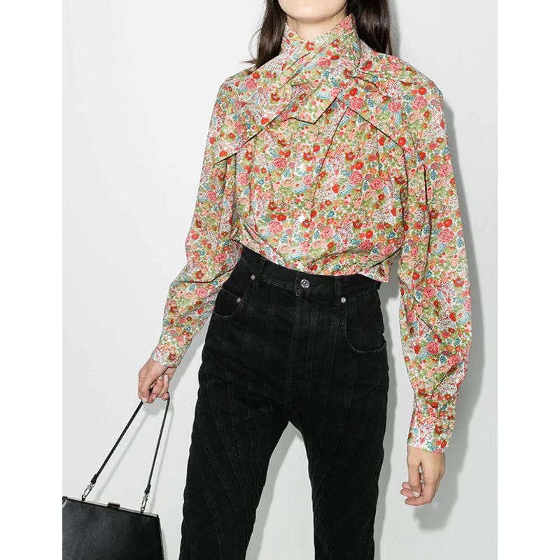 

Осень 10,21 Новый 2021 с длинными рукавами и цветочным принтом для блуз, длинный рукав, на каждый день, Ретро стиль, свободные рубашки для женщин