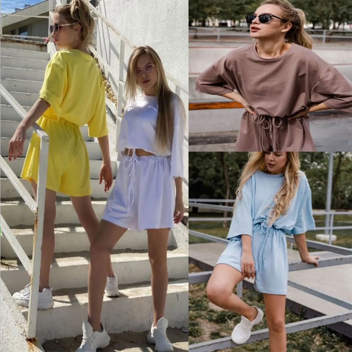 

Summer Women's Tracksuit Tops+Shorts 2 Piece Set Solid Color Yellow White Shorts Sets O-Neck Crop Top With Short Sleeve Femme
