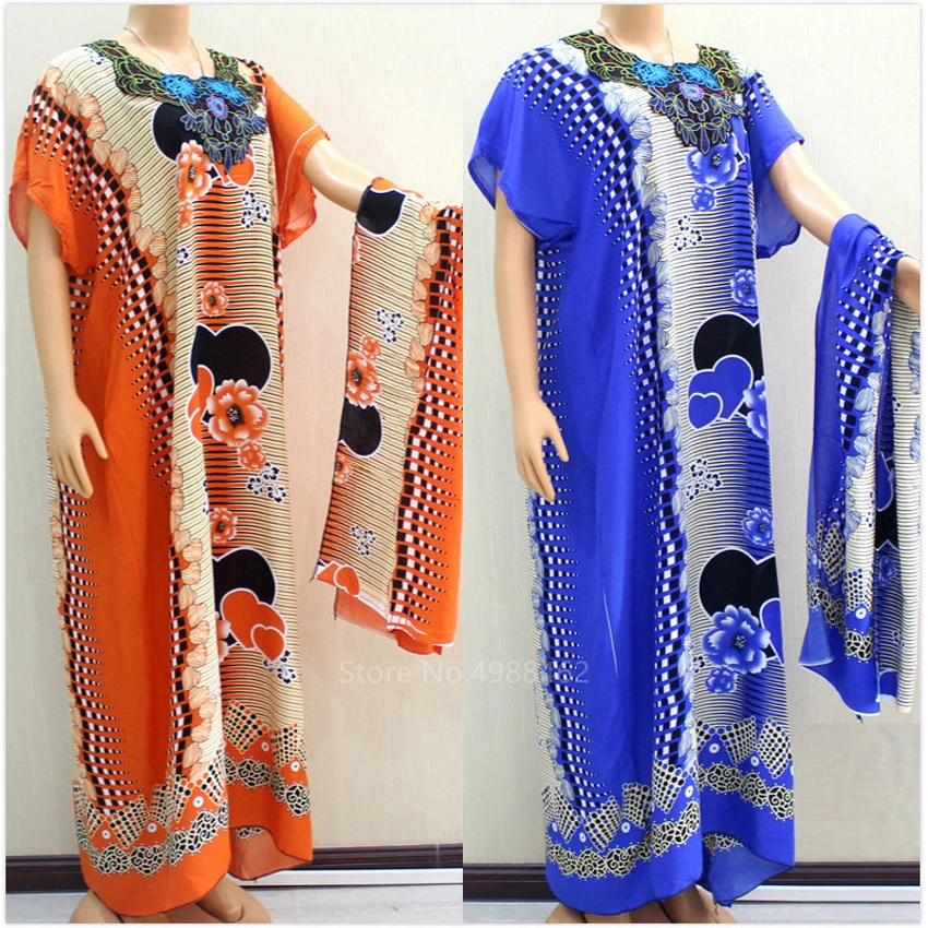 

2022 Africa Print Clothing Dress Women Dashiki Maxi Dress African Floral Bazin Loose Casual Summer Short Sleeve Hijab Scarf Set