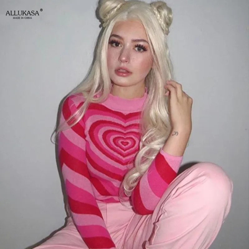 

Y2K Aesthetics Heart Striped Turtleneck Pullovers E-girl Sweet Long Sleeve Hot Pink woman sweaters Harajuku 90s Knitwear Autumn