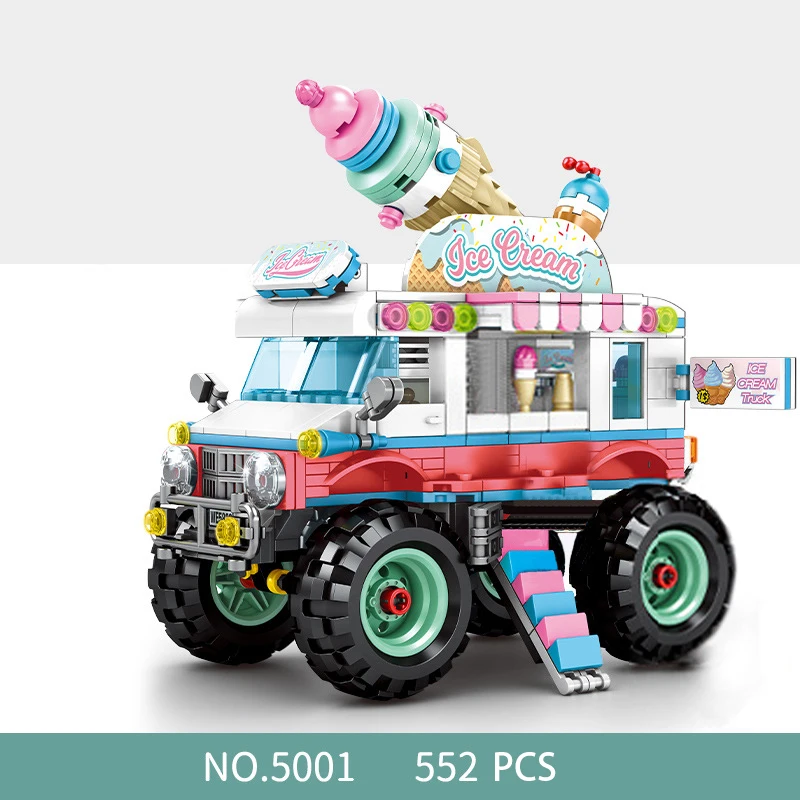 

City Street View Small Size Assembled Ice Cream Dining Car Building Blocks Creative Bricks Car Bricks Toys for Children Girl Gif