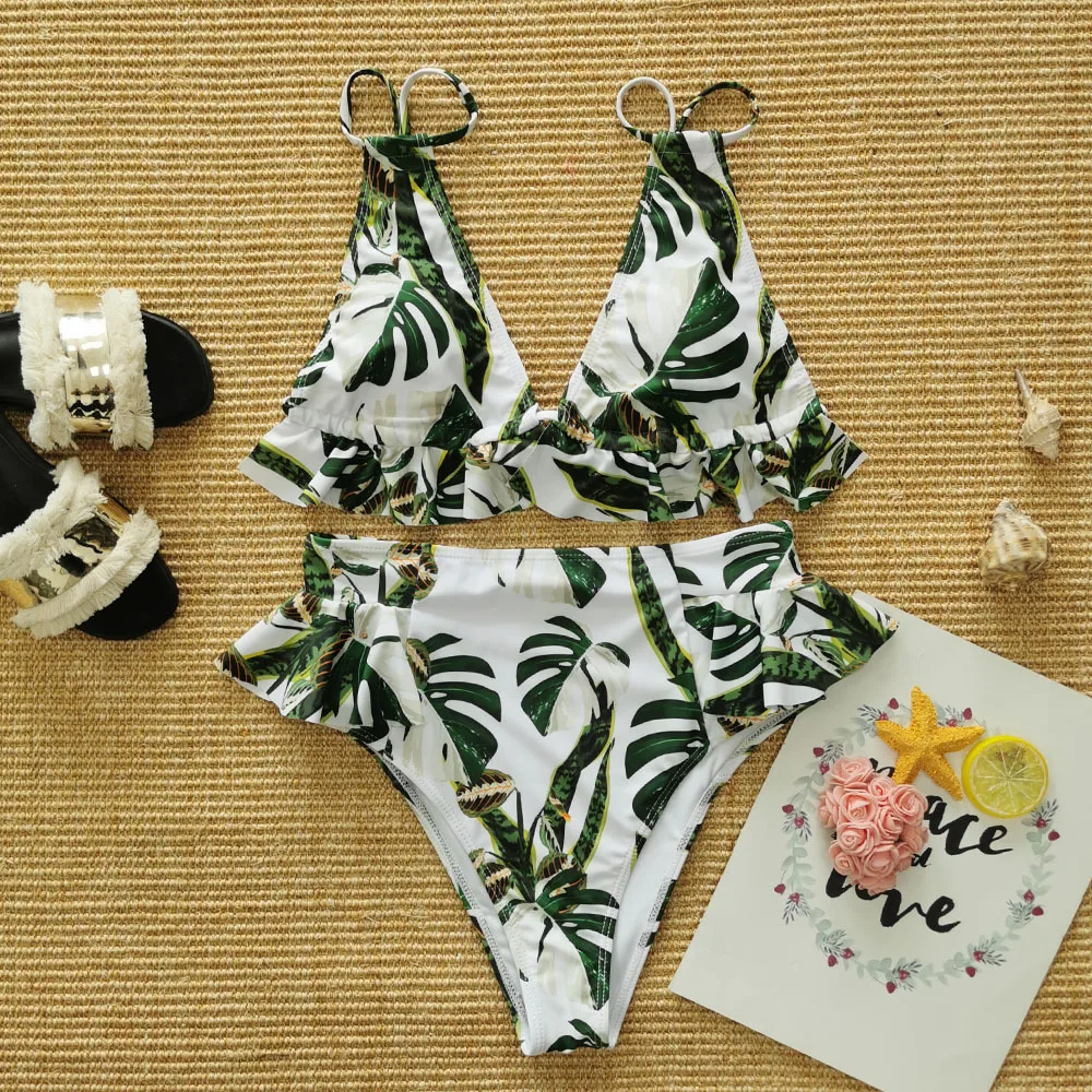 

High Waist Ruffle Swimsuit 2021 NEW Women Print Floral Sexy Bikini Set Push Up Bathing Suit Beachwear biquinis
