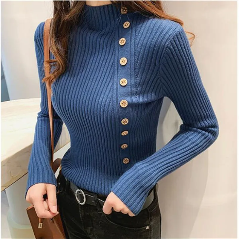 

Shikoroleva Sweaters For Women Autumn Winter Basic Knited Christmas Pullover Warm Slim Sweater Line Button Pink Brown Blue Beige